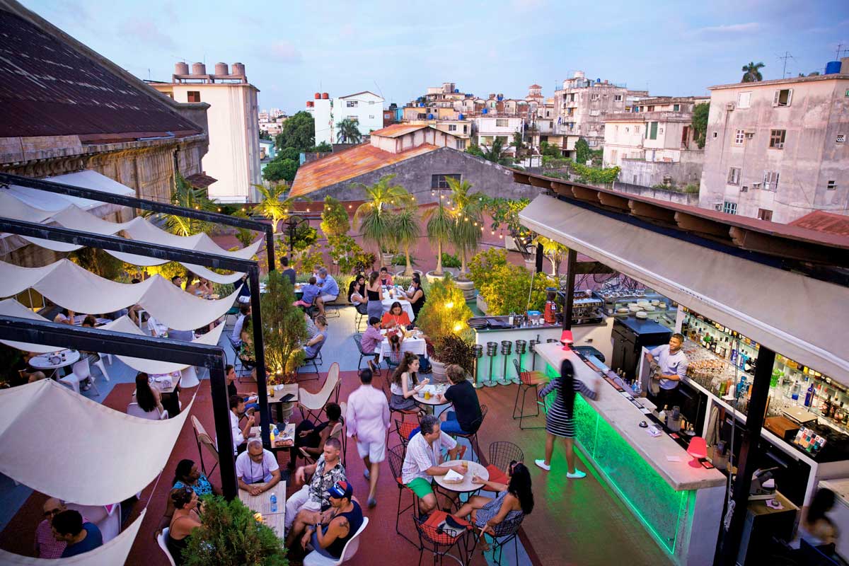 rooftop bar with guests seated